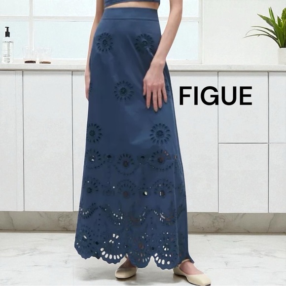 NWT FIGUE Women’s Navy Hortence Long Floral Eyelet Skirt Size 8 - Picture 1 of 9